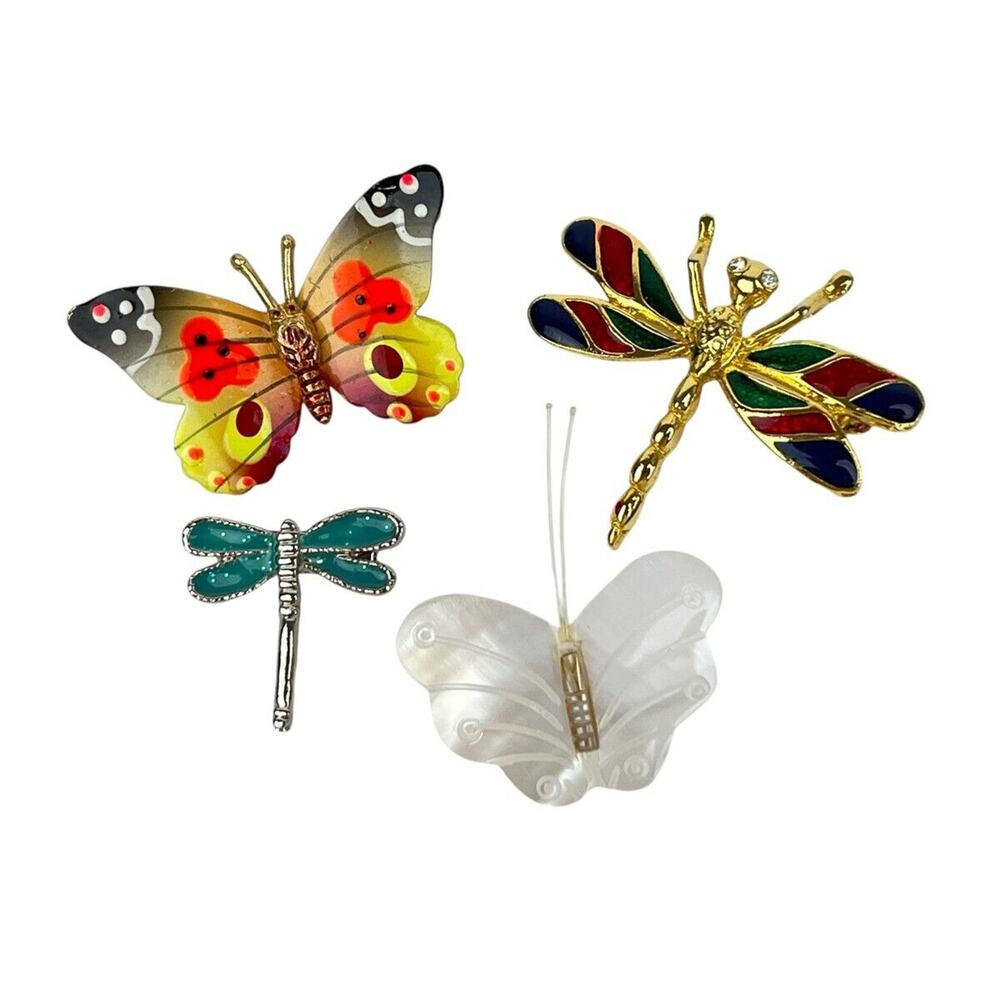 Brooches Lot 4 Small Pins Retro Butterfly Dragonfly Eclectic Boho Acrylic Enamel